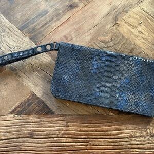 COASTAL ROAD Dark Blue Python Print Suede Leather Wristlet